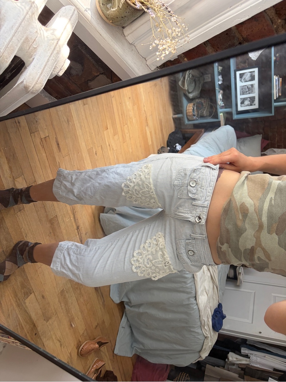 The Limited Light Blue Striped Crop Pants with White Lace Applique